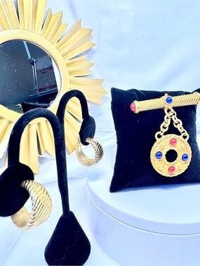 Designer Leslie Block Etruscan Brooch and Textured Hoop Crown Trifari Earrings